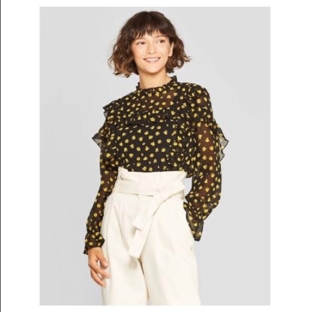Who What Wear Sheer Black Yellow Tulip Long Sleeve Ruffle Blouse Size XS